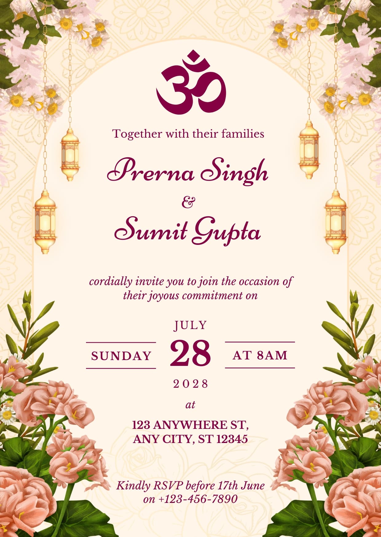Beige Cream and Pink Wedding Invitation