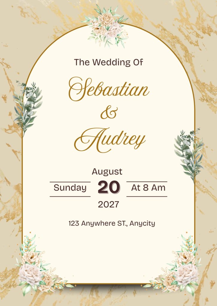 Beige Gold Elegant Flower Wedding Invitation Vertical Cards Free