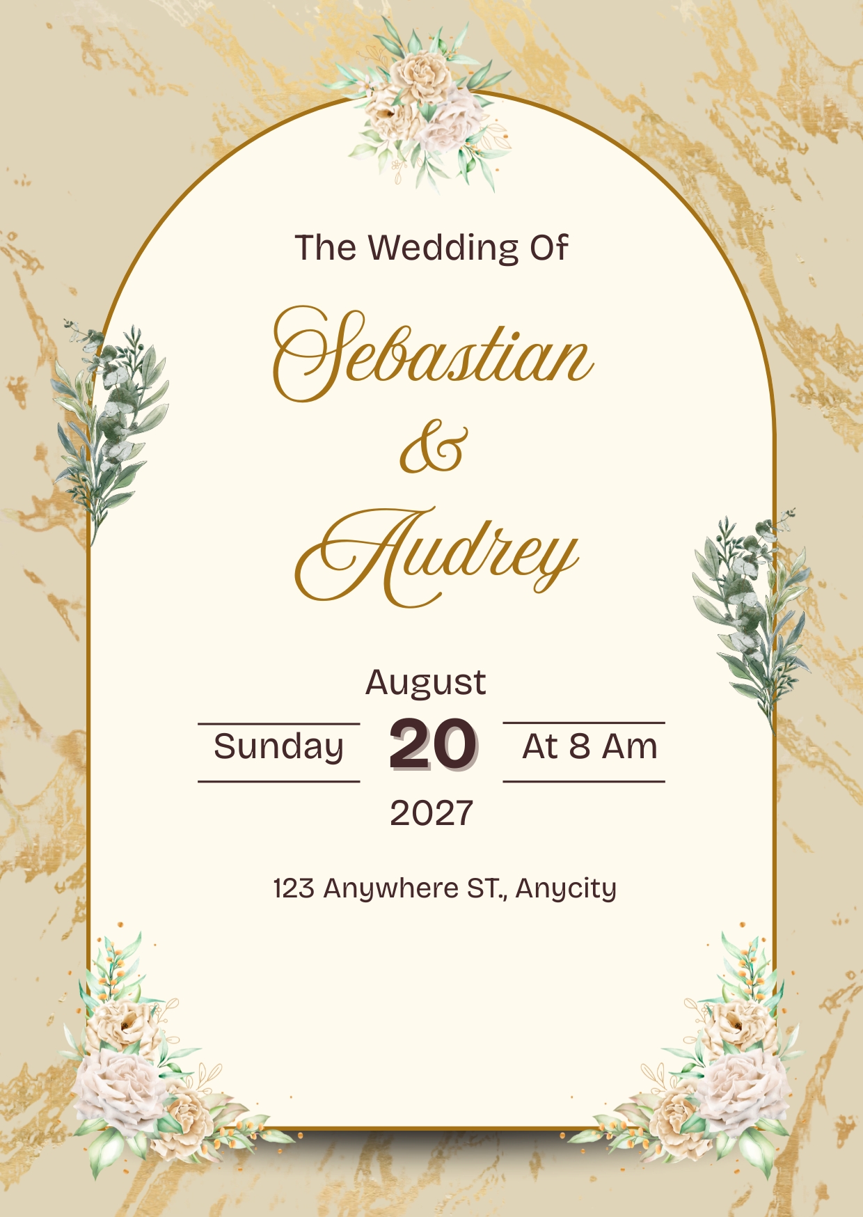 Beige Gold Elegant Flower Wedding Invitation Vertical Cards Free