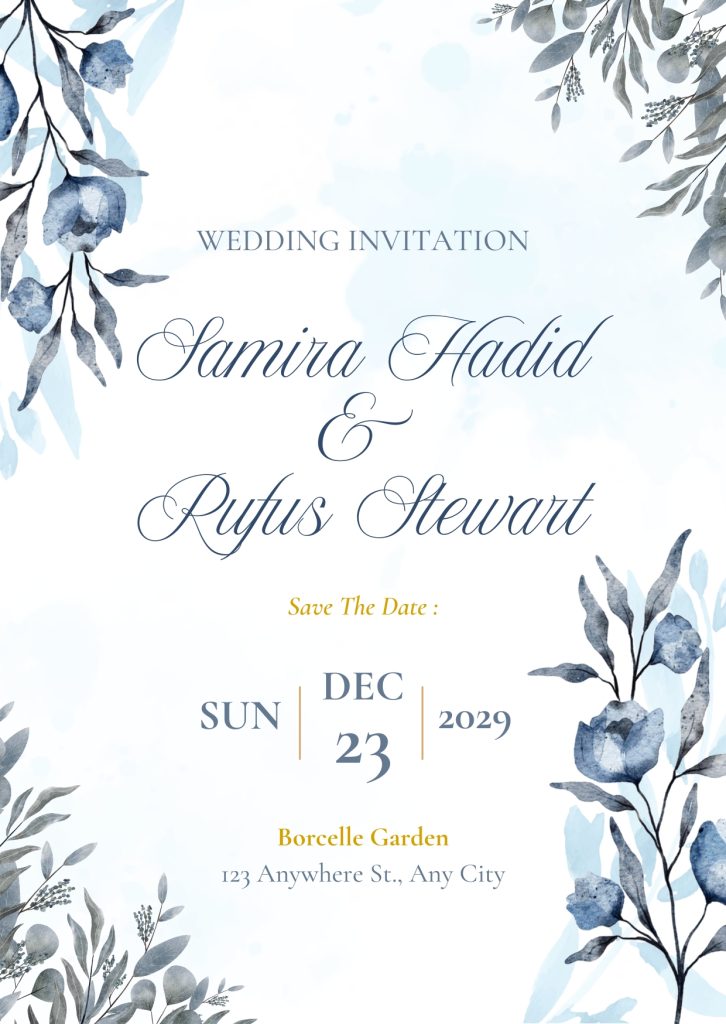 Blue Classic Floral Wedding Invitation Cards Free