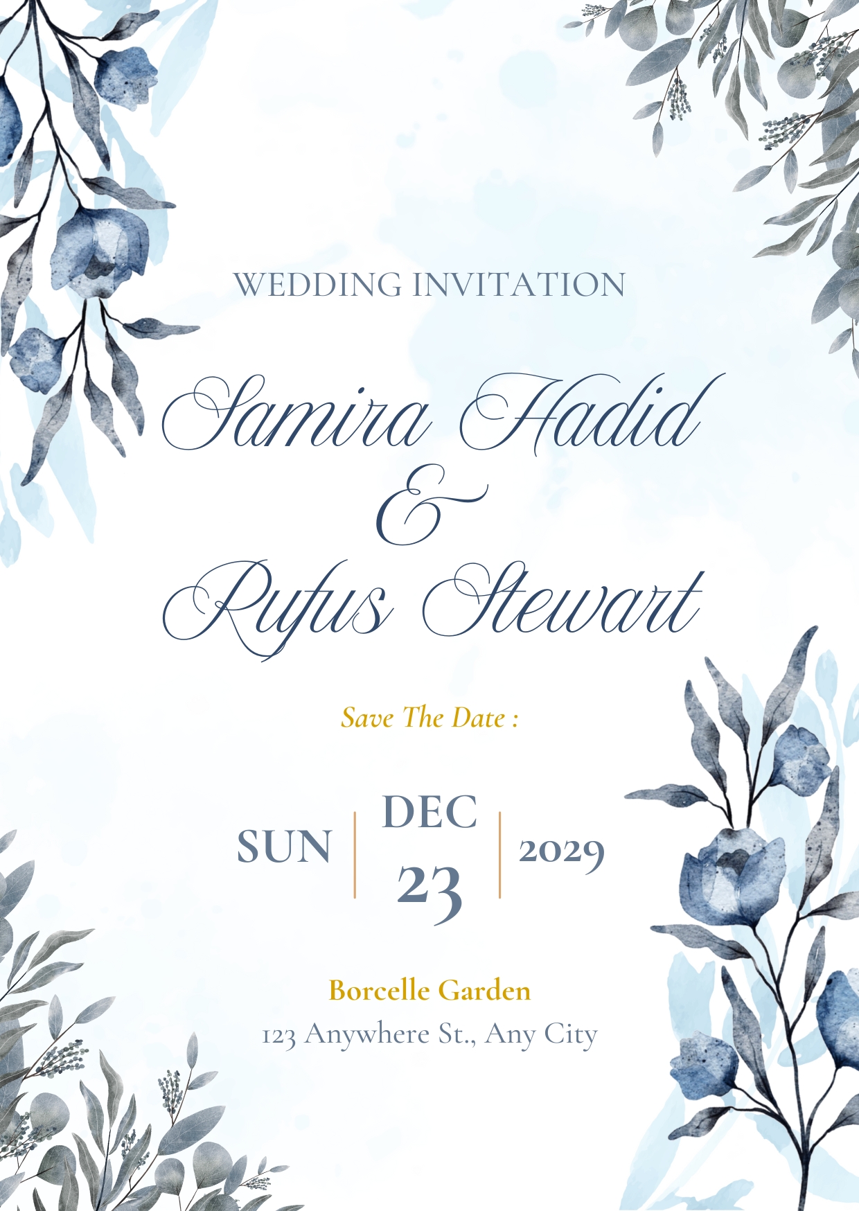 Blue Classic Floral Wedding Invitation Cards Free