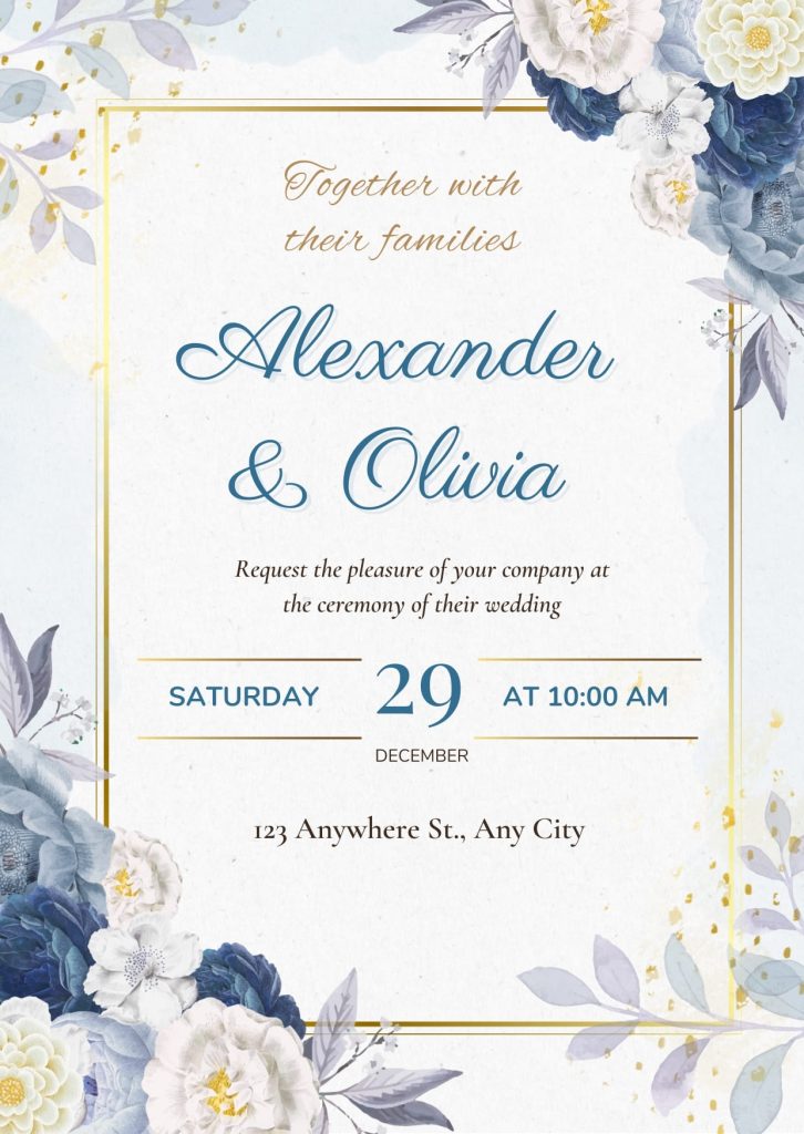 Blue and Gold Floral Wedding Invitations Cards Free