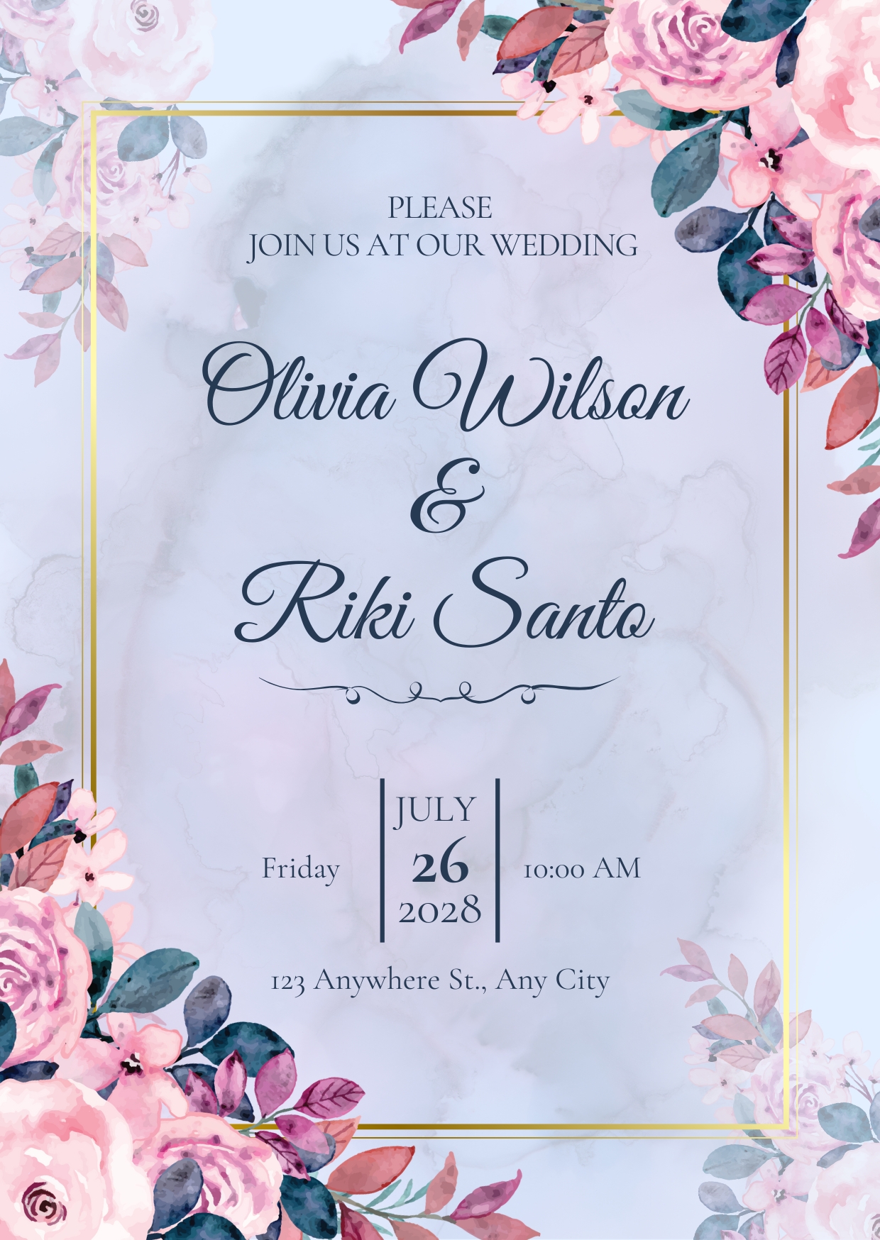 Blue and Pink Floral Wedding Invitation Cards Free