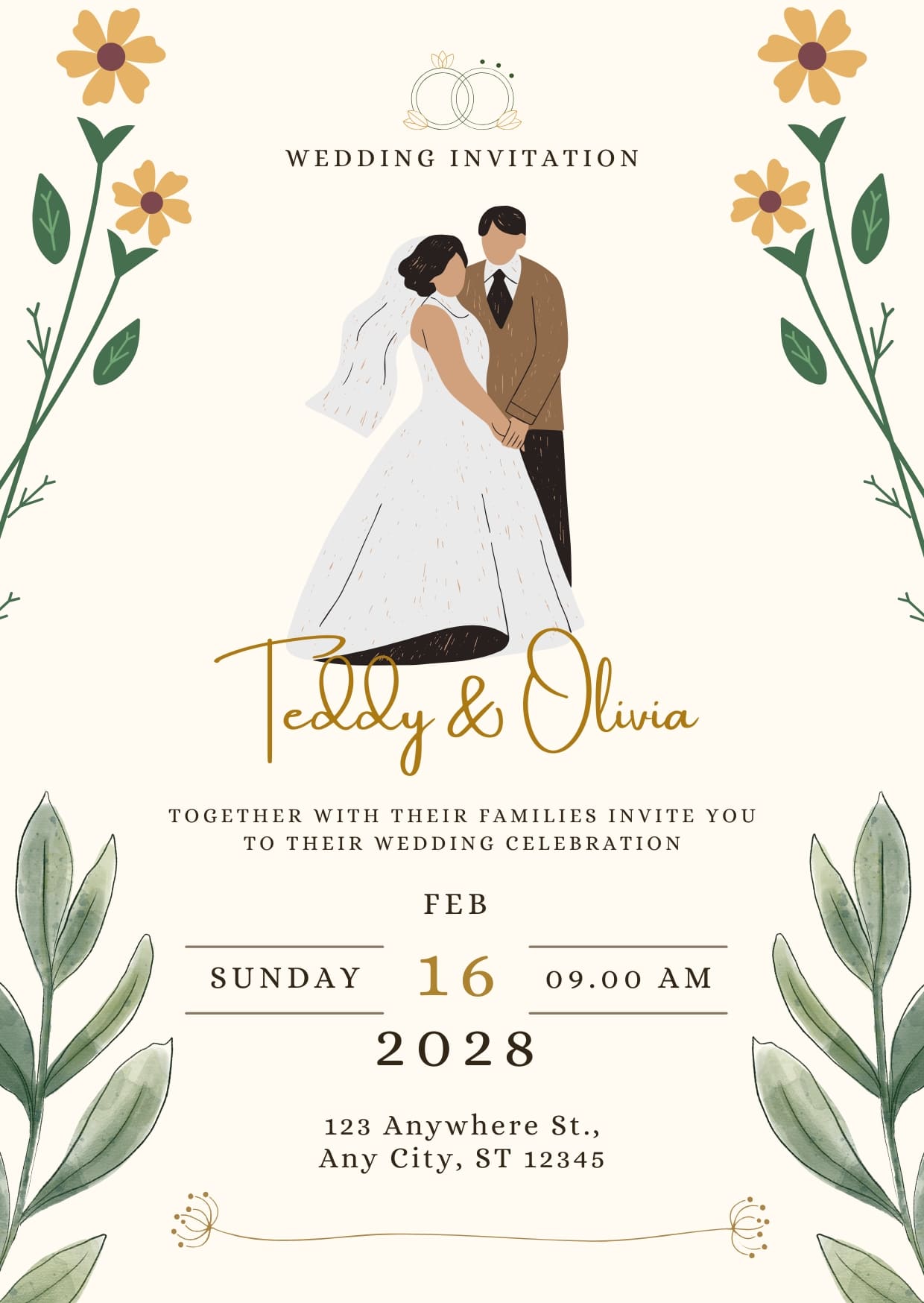 Cream Green Simple Wedding Invitation Cards Free