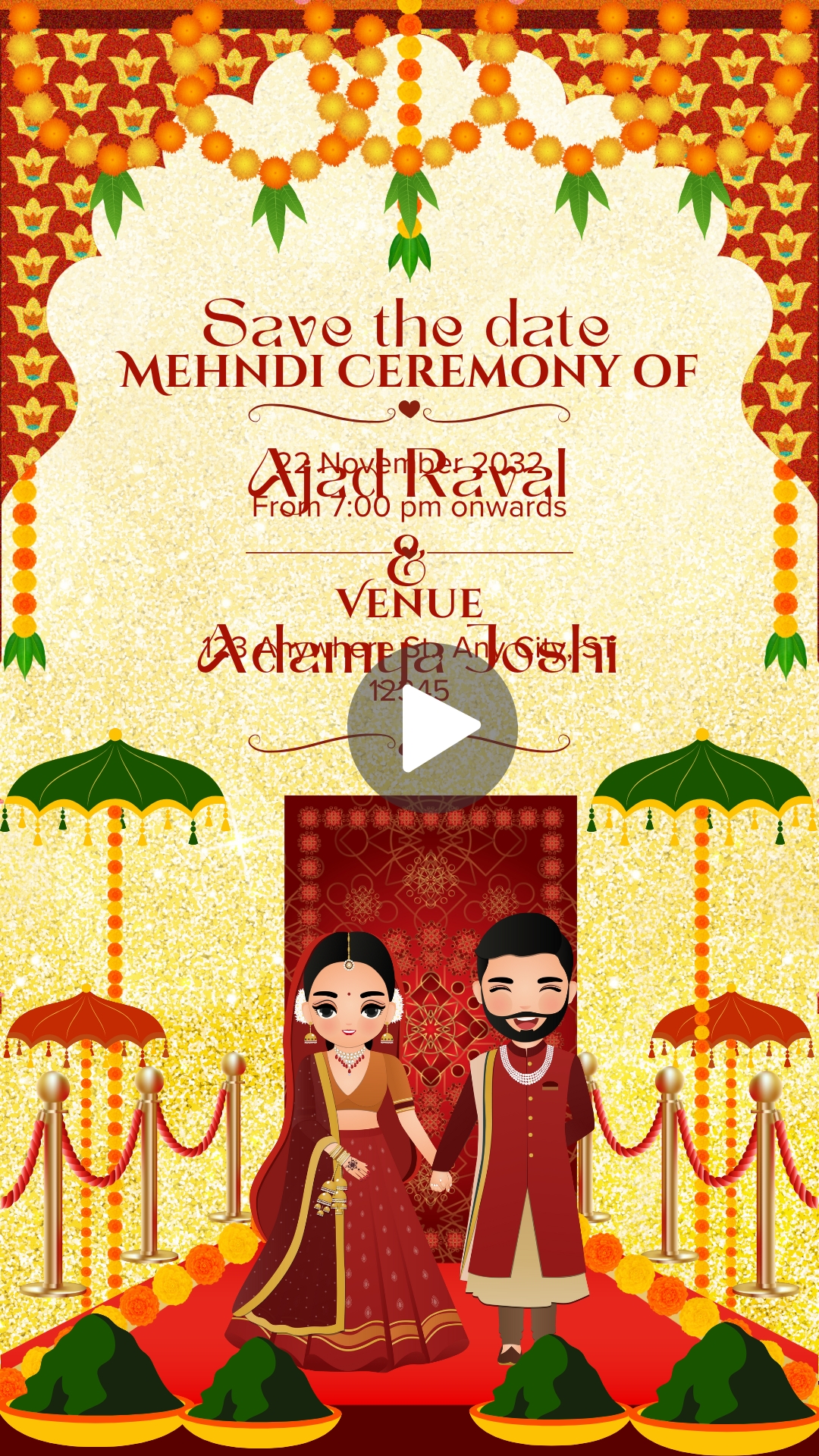 Cream and Red Decorative Indian Wedding Mehndi Ceremony Invitation Mobile Video