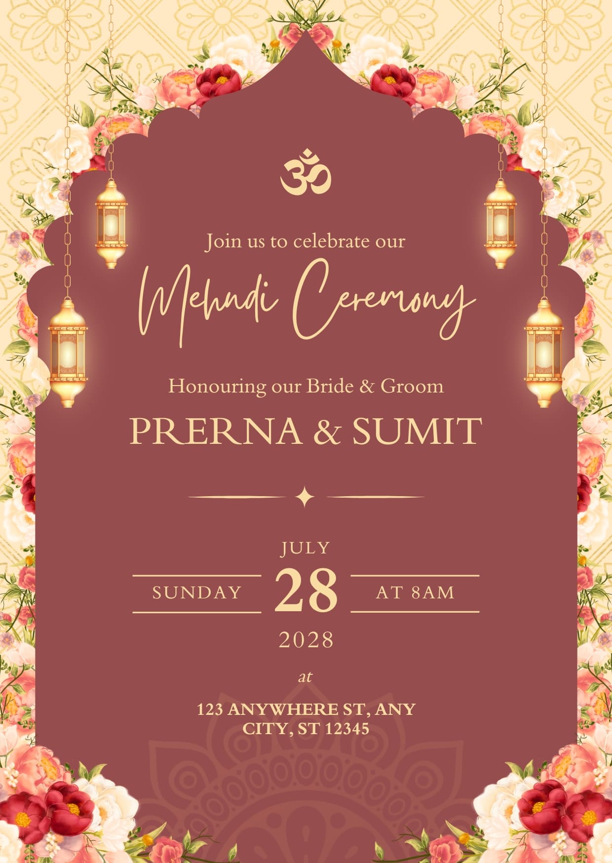Gold and Peach Mehndi Invitation Card Templates