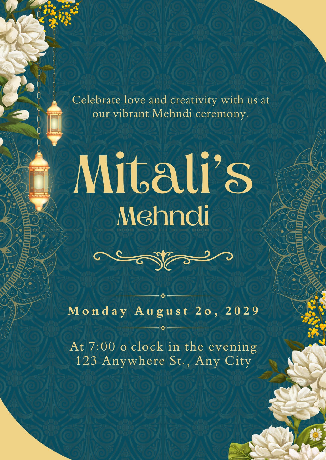 Gold and Teal Mehndi Invitation Card Templates