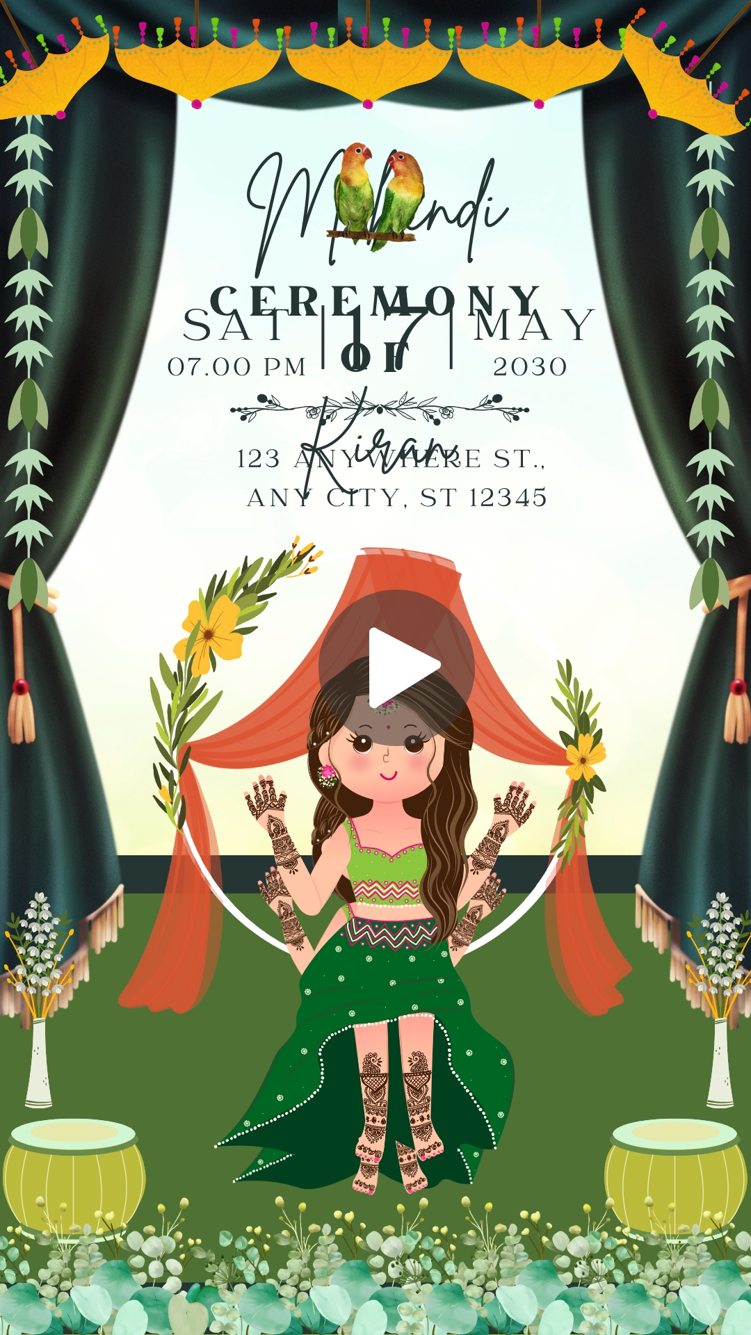 Green Decorative Indian Wedding Mehandi Ceremony Invitation Mobile Video