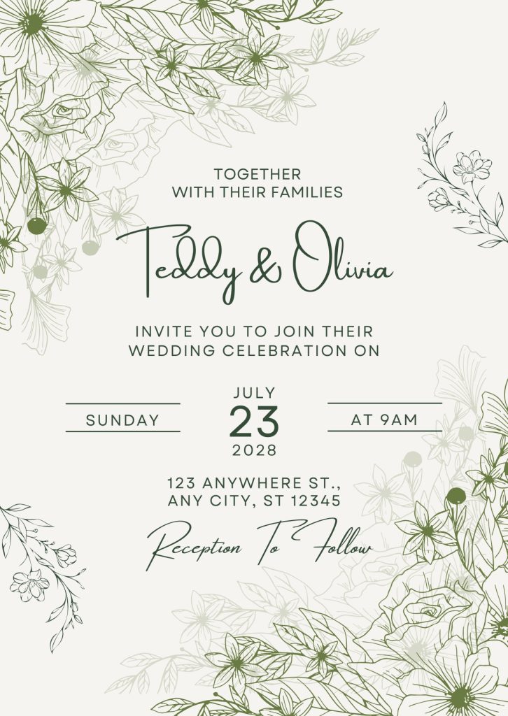Green Floral Illustrated Wedding Invitation Cards Free