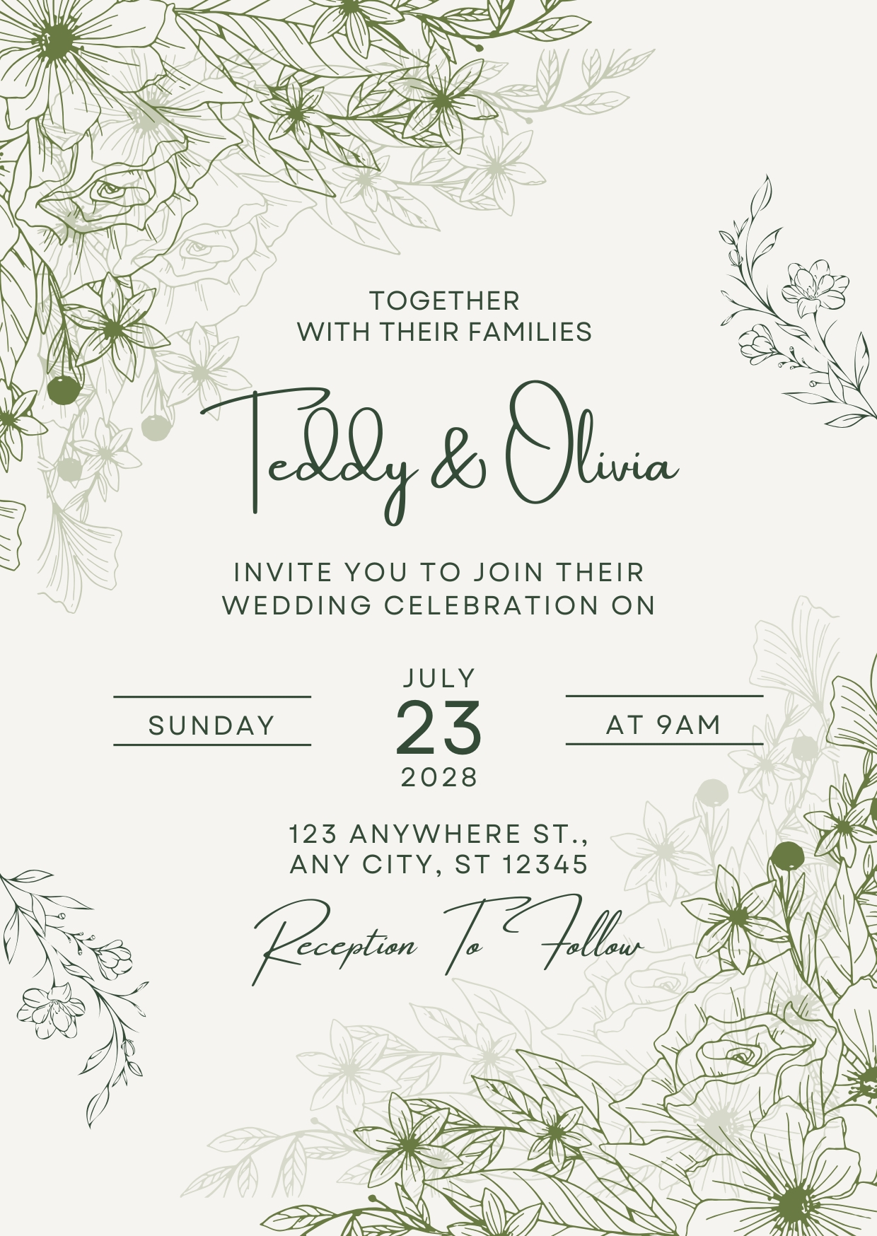 Green Floral Illustrated Wedding Invitation Cards Free