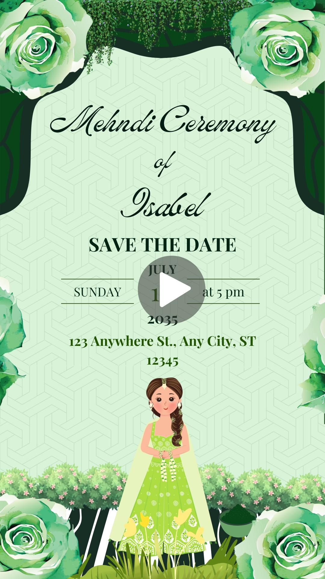 Green Floral Indian Wedding Mehndi Ceremony Invitation Mobile Video