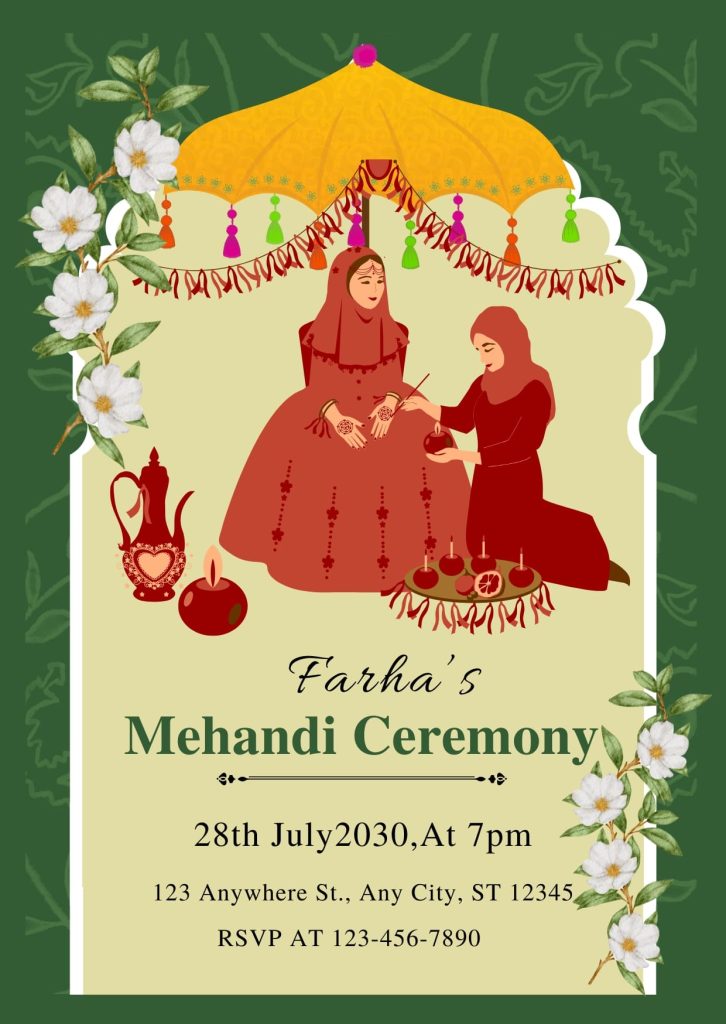Green Yellow and Red Traditional Mehndi Invitation Digital Cards