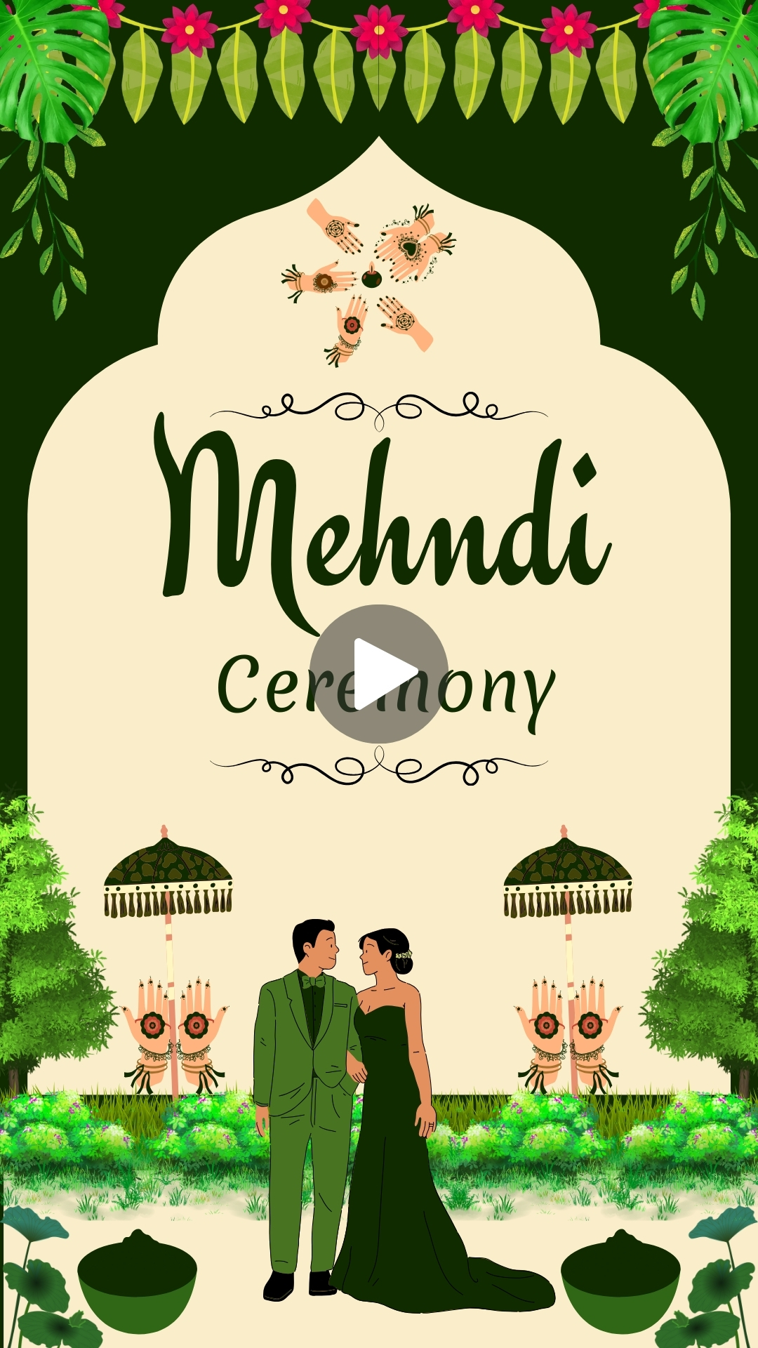 Green and Cream Traditional Mehndi Ceremony Wedding Invitation Mobile Video