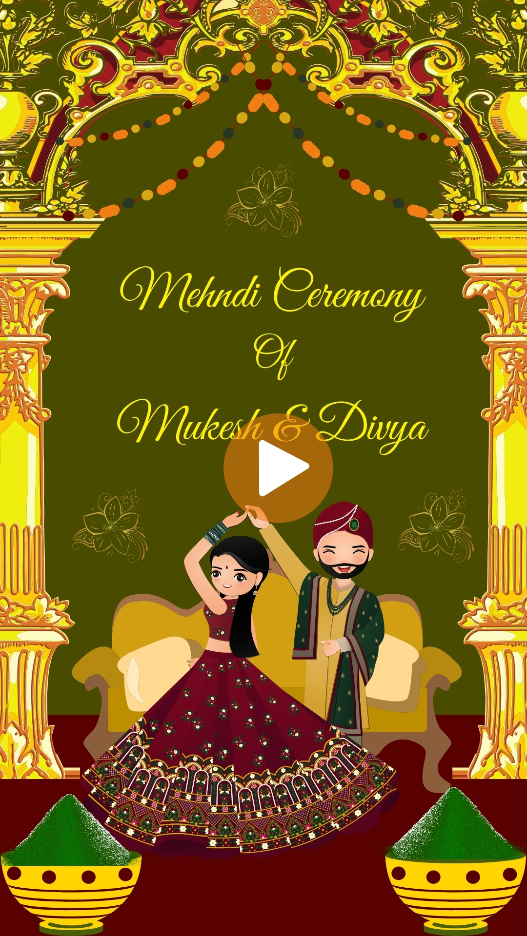 Green and Gold Decorative Indian Wedding Mehndi Ceremony Invitation Mobile Video