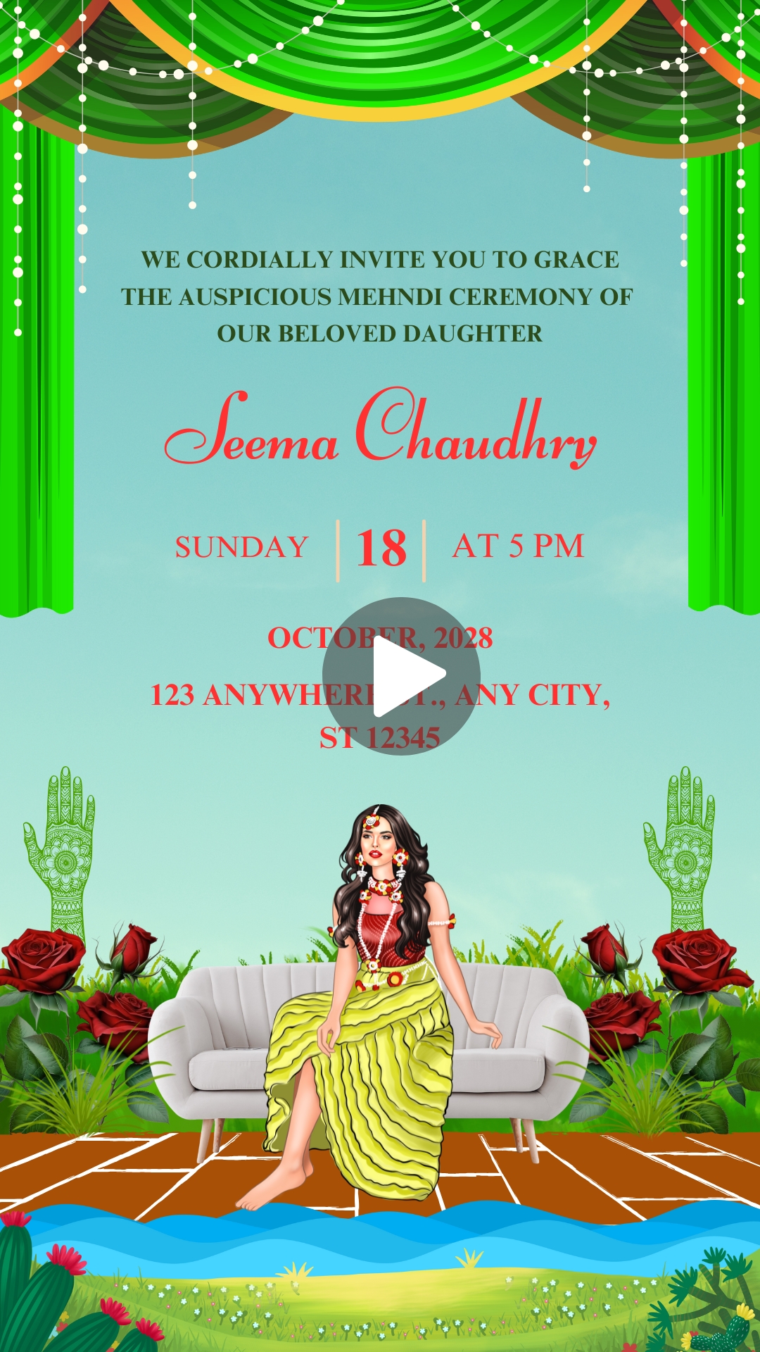 Green and Red Decorative Indian Wedding Mehndi Ceremony Invitation Mobile Video