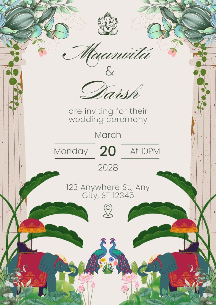 Green and White Elegant Illustrated Indian Wedding Ceremony Invitation