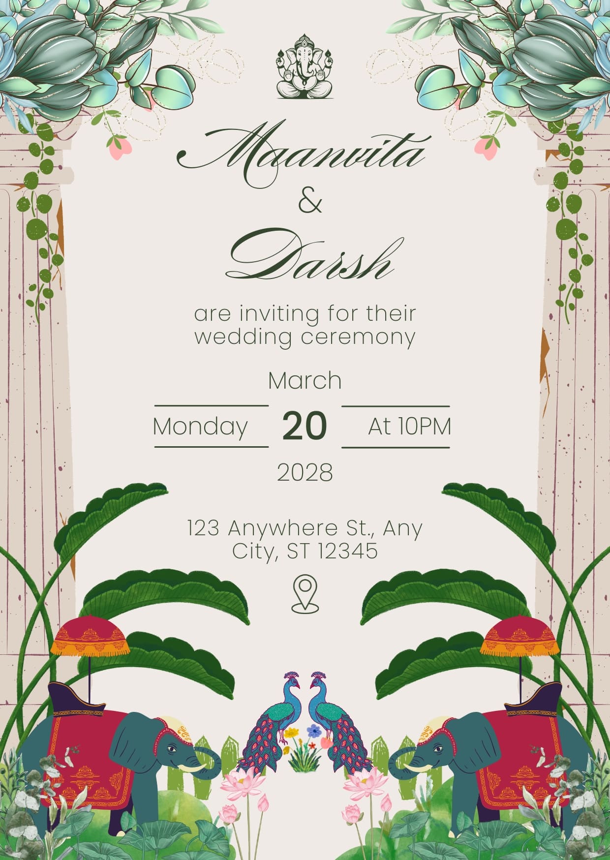 Green and White Elegant Illustrated Indian Wedding Ceremony Invitation