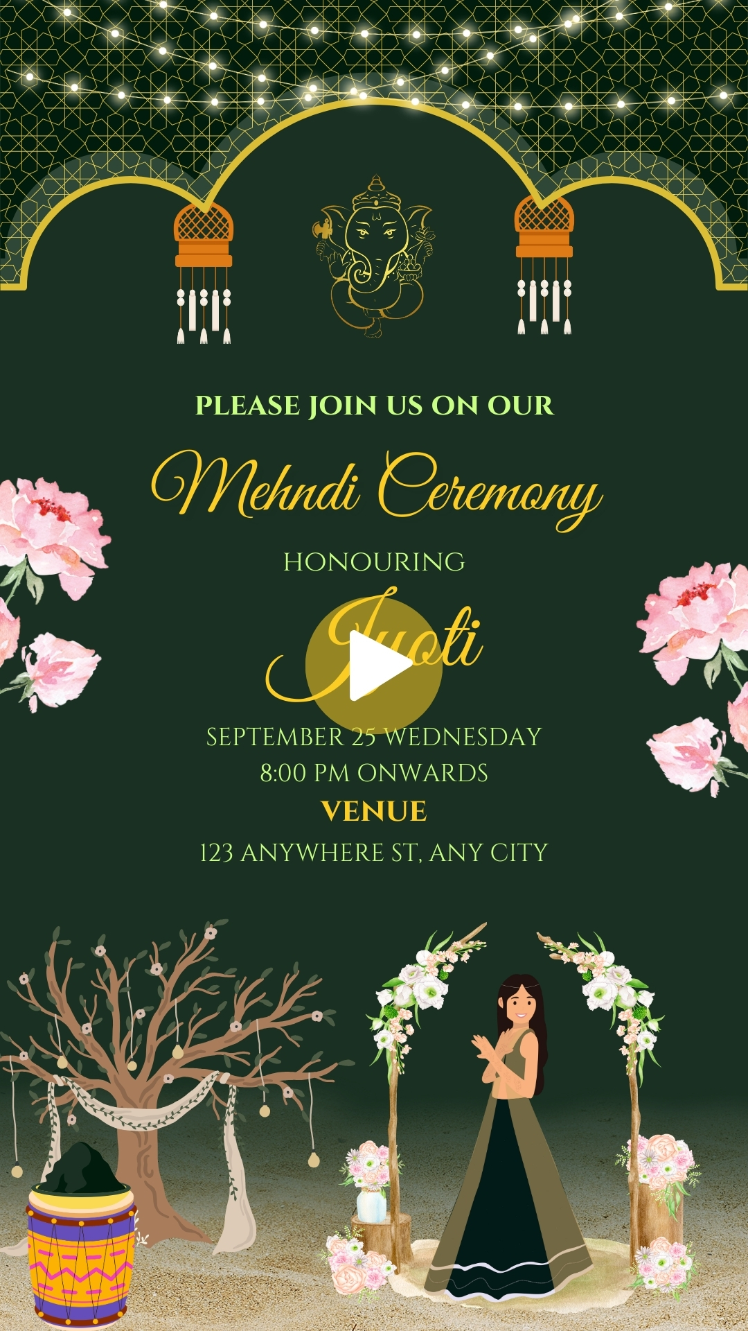 Green and Yellow Decorative Indian Wedding Mehndi Ceremony Invitation Mobile Video