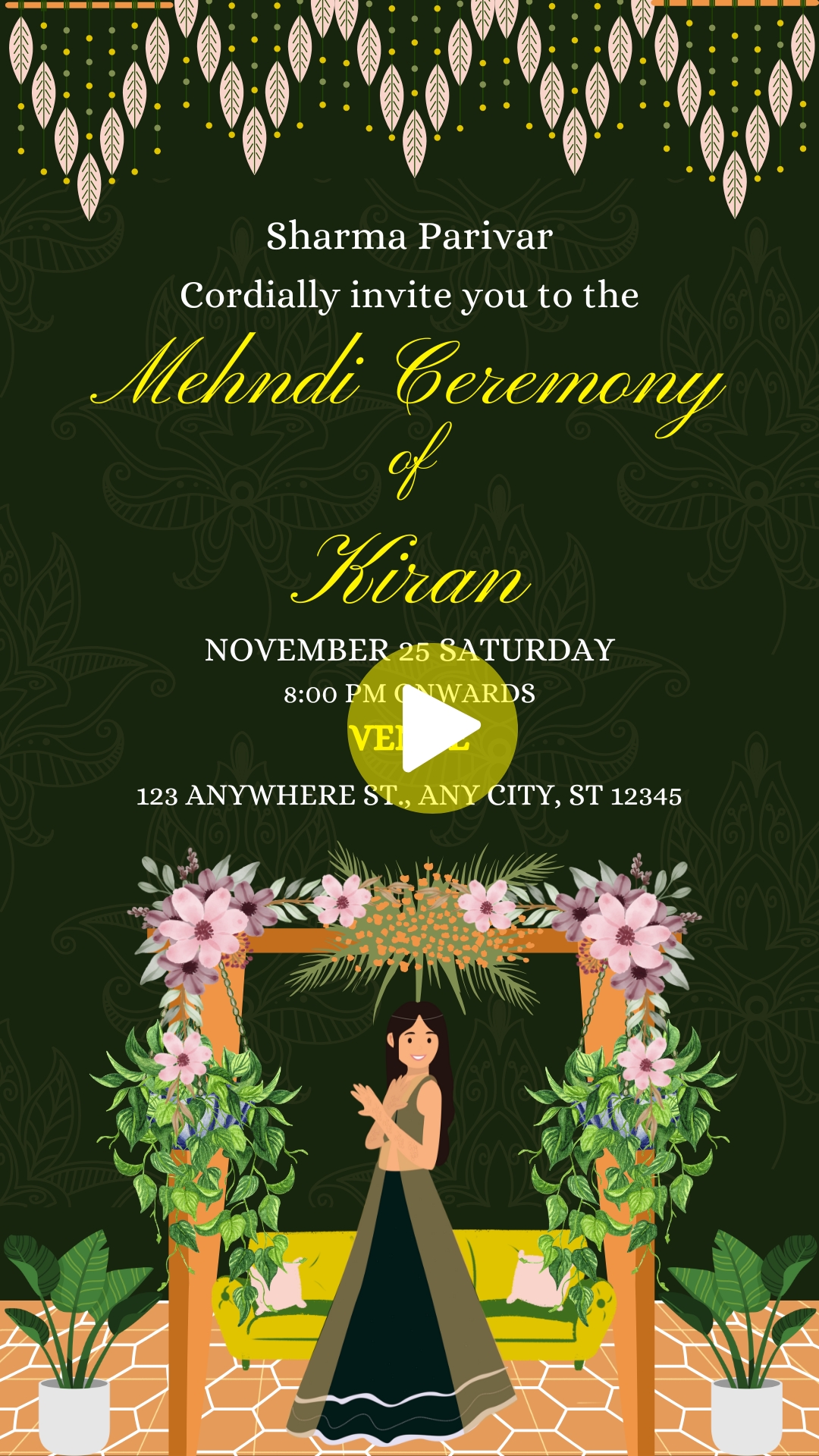 Green and Yellow Decorative Indian Wedding Mehndi Ceremony Invitation Video