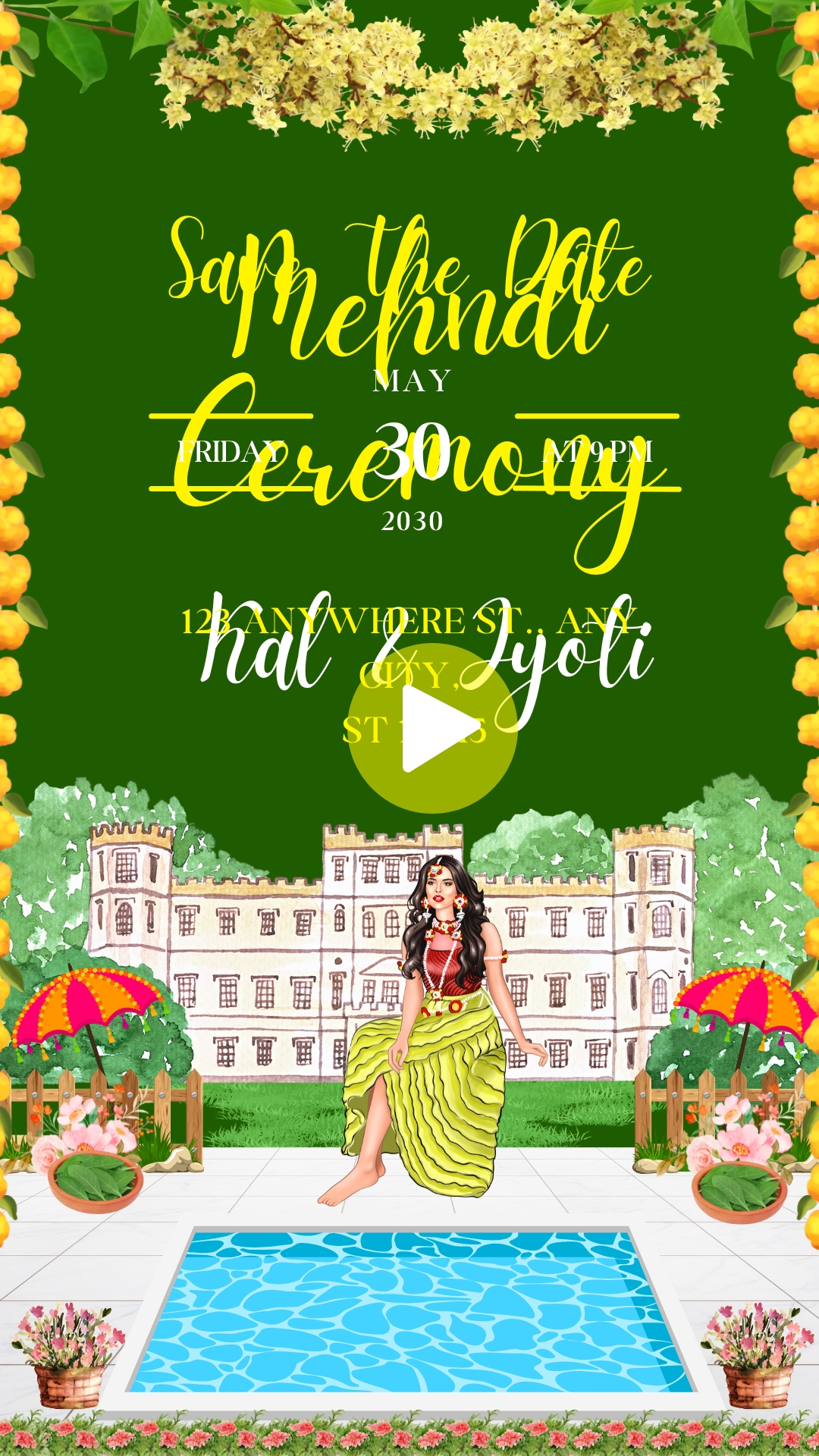 Green and Yellow Floral Indian Wedding Mehndi Ceremony Invitation Video HD