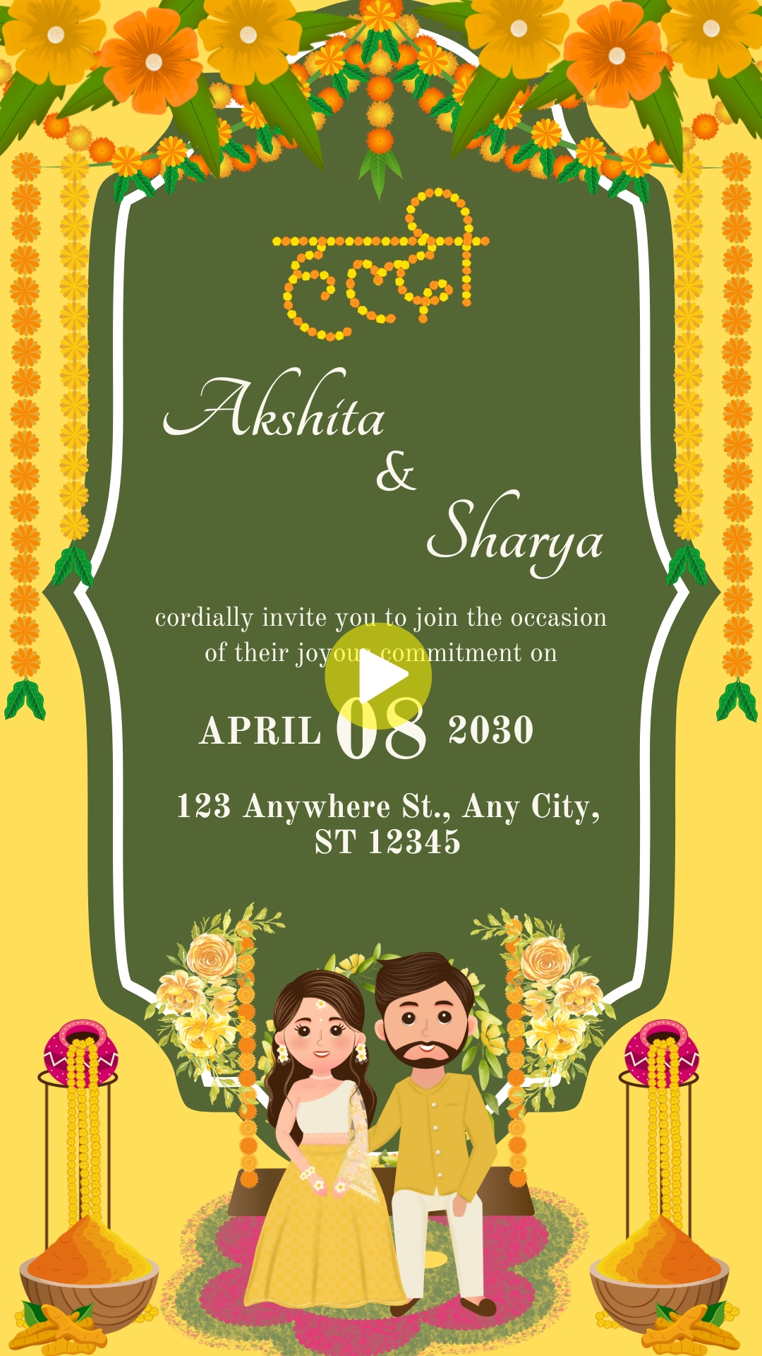 Green and Yellow Haldi Ceremony Invitation Video in Hindi