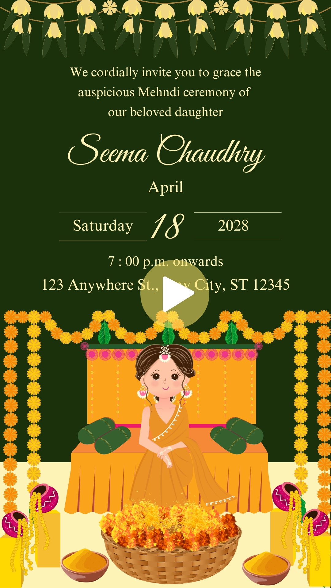 Green and Yellow Traditional Indian Wedding Mehndi Ceremony Invitation Video HD