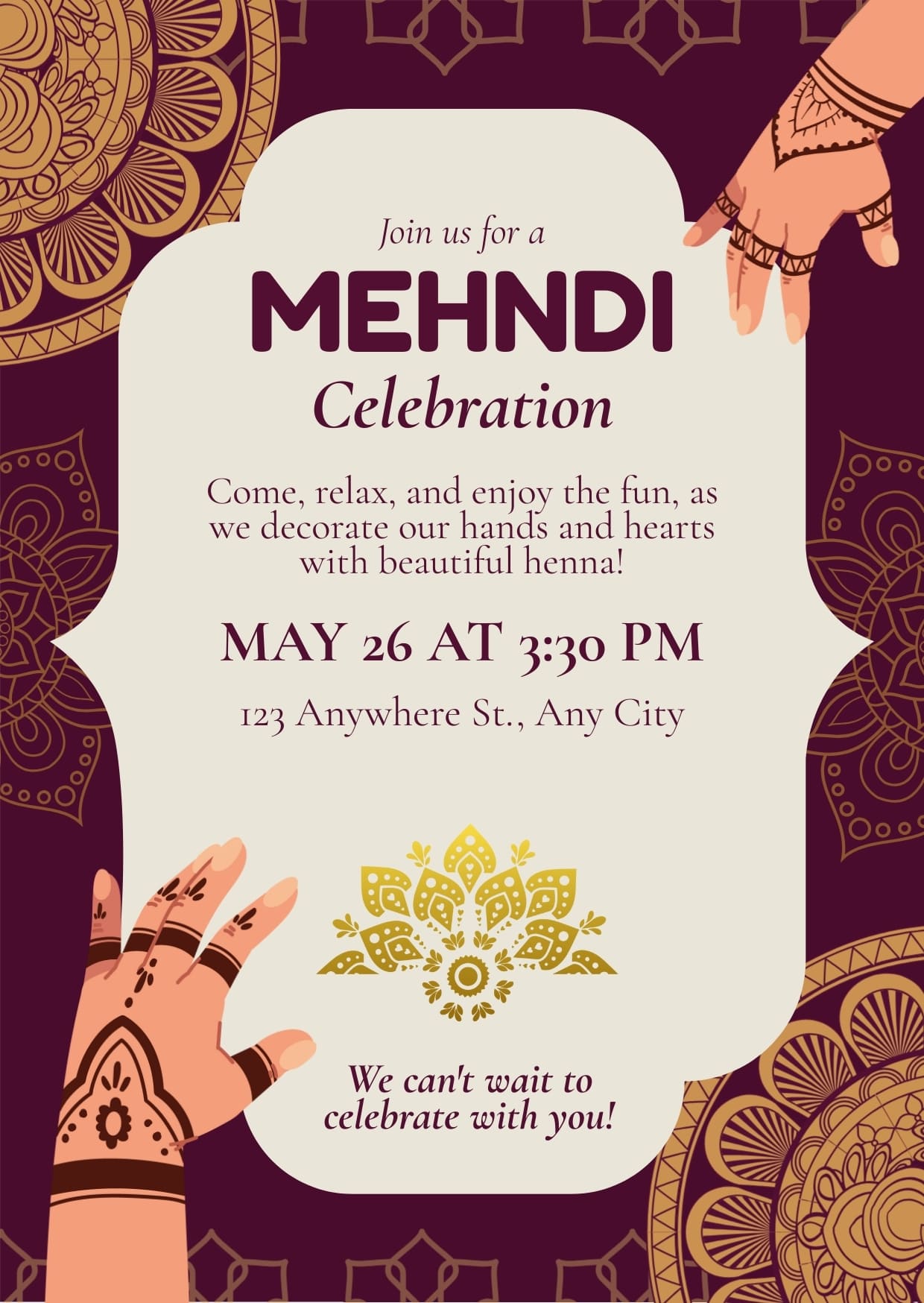 Maroon And Gold Elegant Mehndi Celebration Invitation Card Templates
