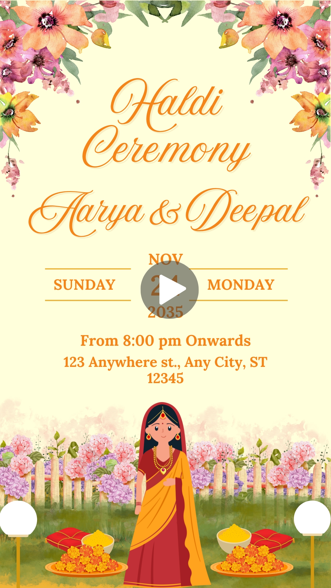 Orange Floral Indian Wedding Haldi Invitation Video HD
