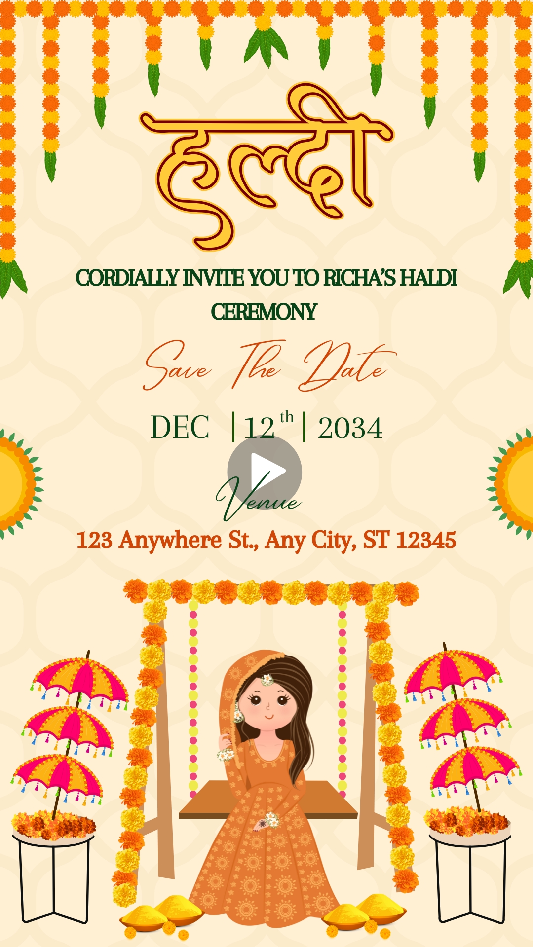 Orange Indian Wedding Haldi Ceremony Invitation Video in Hindi