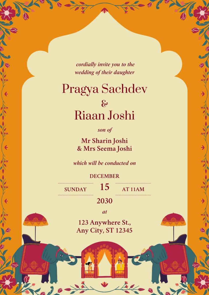 Orange Modern Illustrative Indian Wedding Invitation Cards