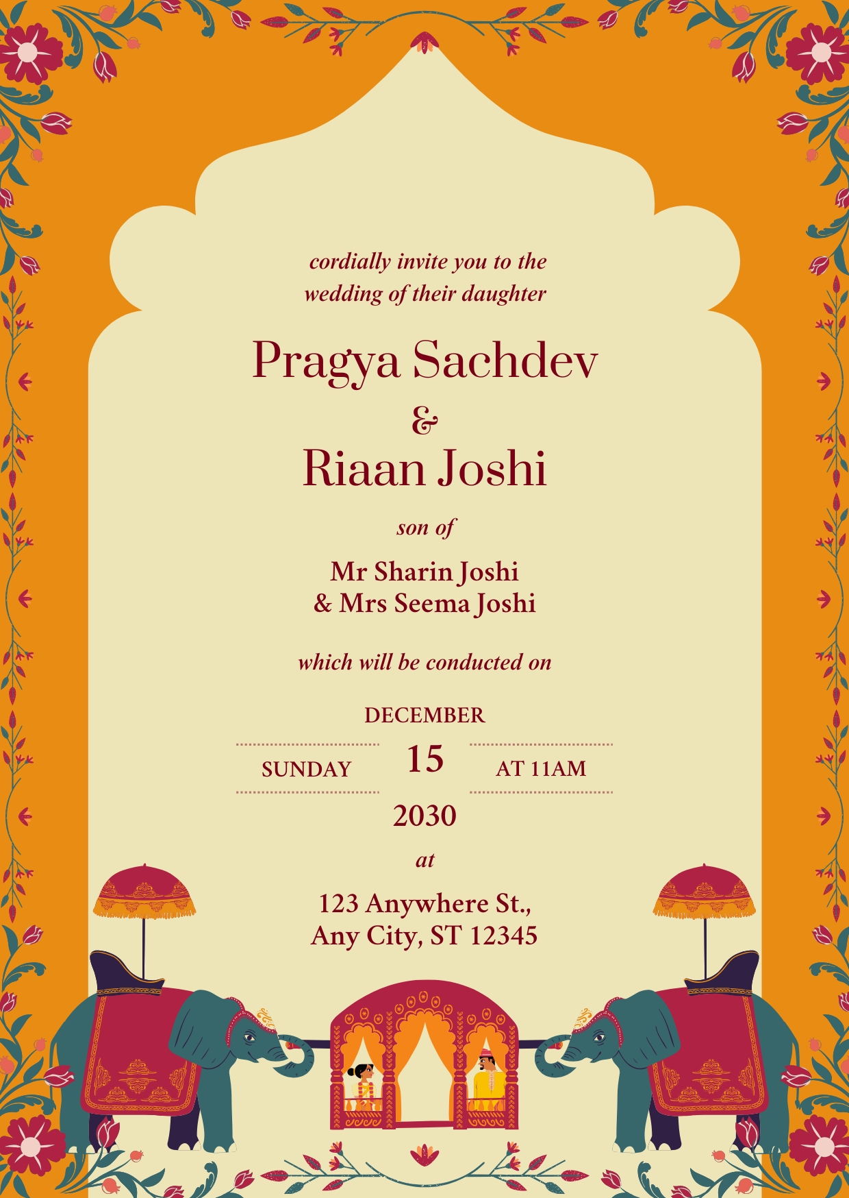 Orange Modern Illustrative Indian Wedding Invitation Cards