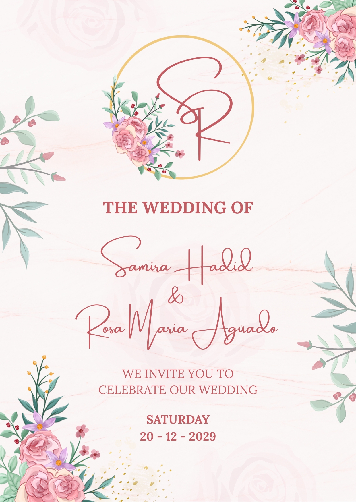 Pink Green and Gold Illustrated Wedding Invitation Cards Free