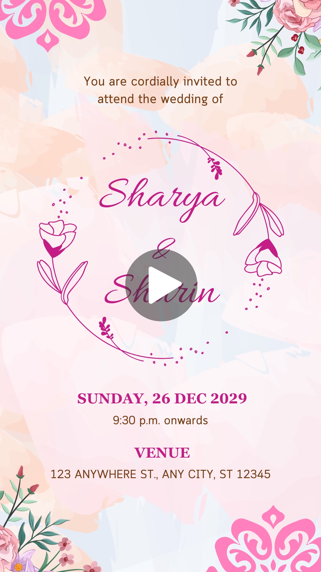 Pink Purple Watercolor Elegant Wedding Invitation Mobile Video