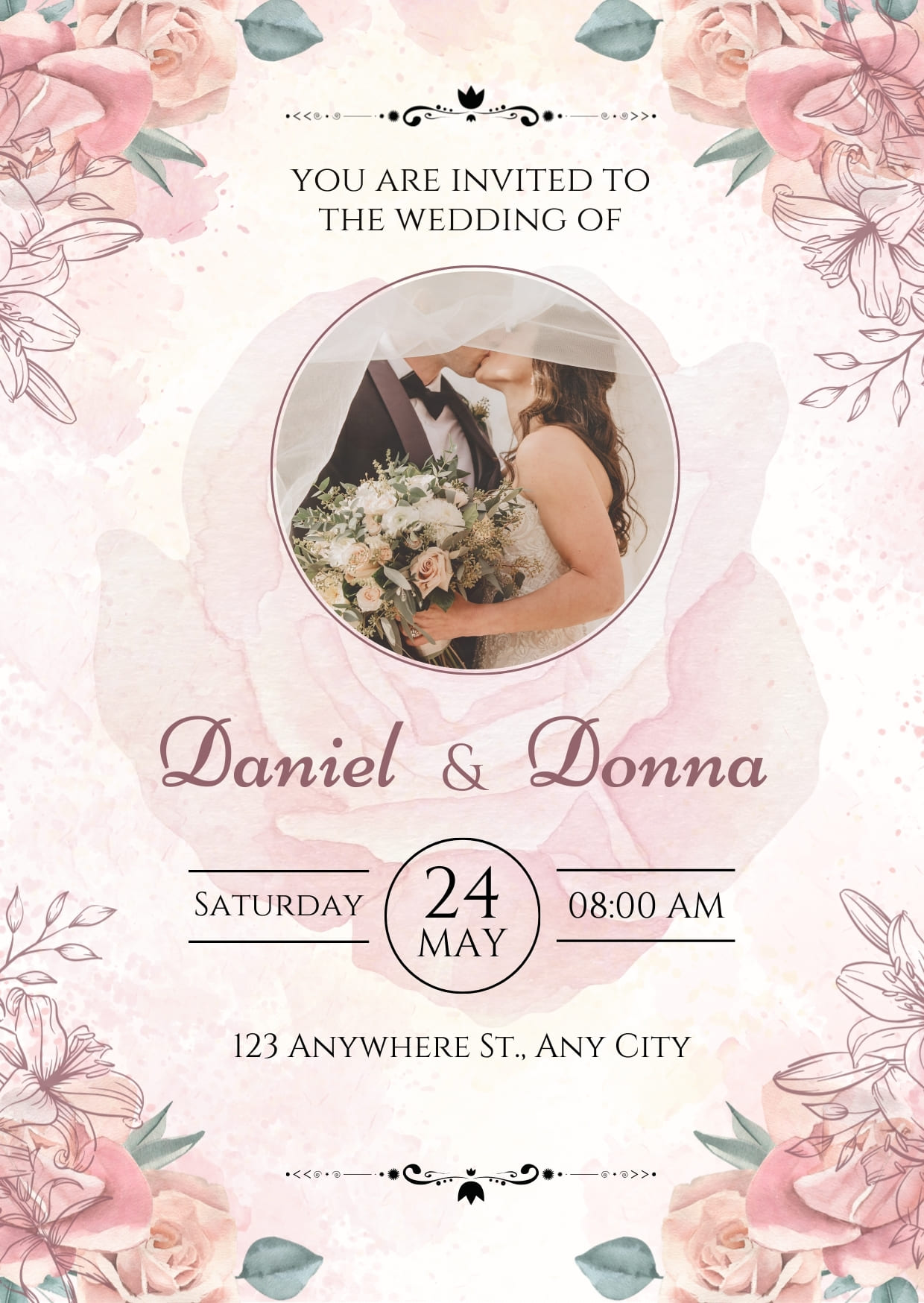 Pink Watercolor Floral Elegant Wedding Invitation