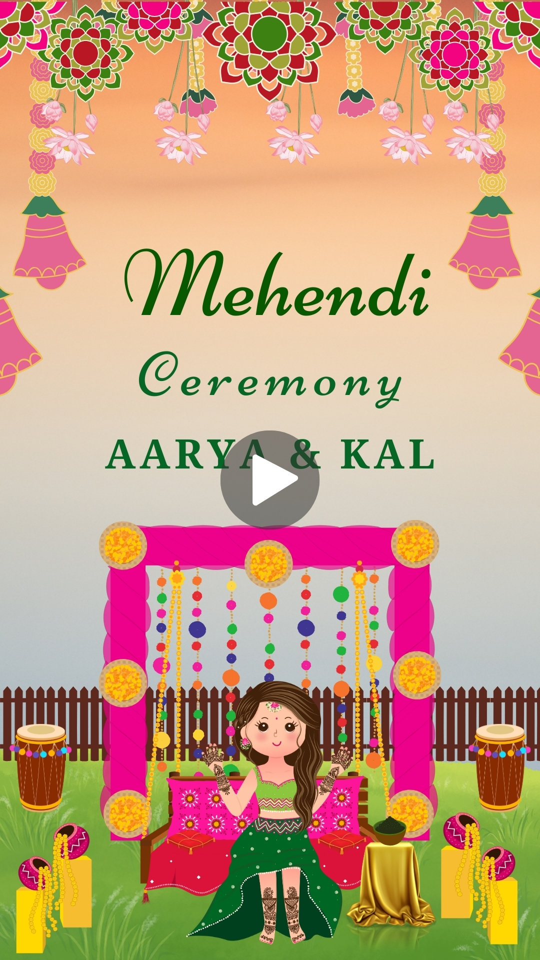 Pink and Green Decorative Indian Wedding Mehndi Ceremony Invitation Video Online Maker Free