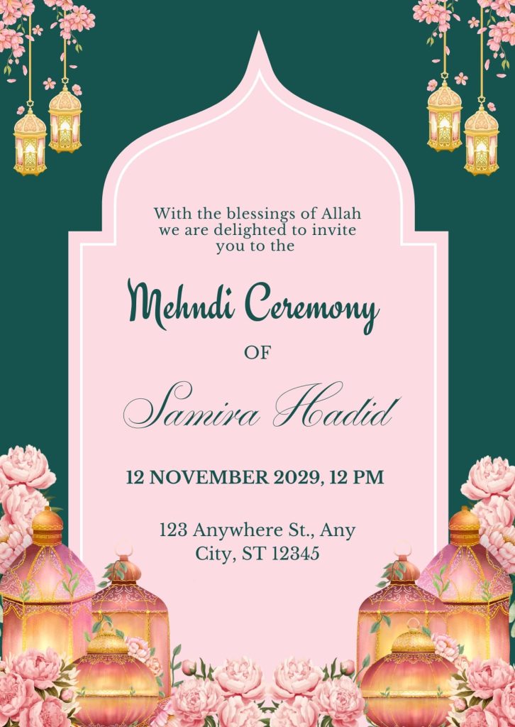 Pink and Green Elegant Mehndi Ceremony Invitation Card Templates