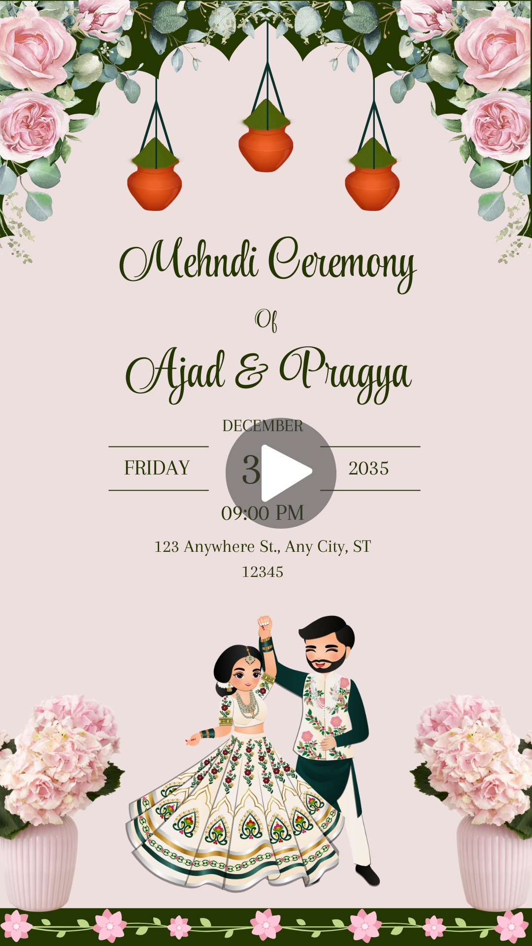 Pink and Green Floral Indian Wedding Mehndi Ceremony Invitation Mobile Video