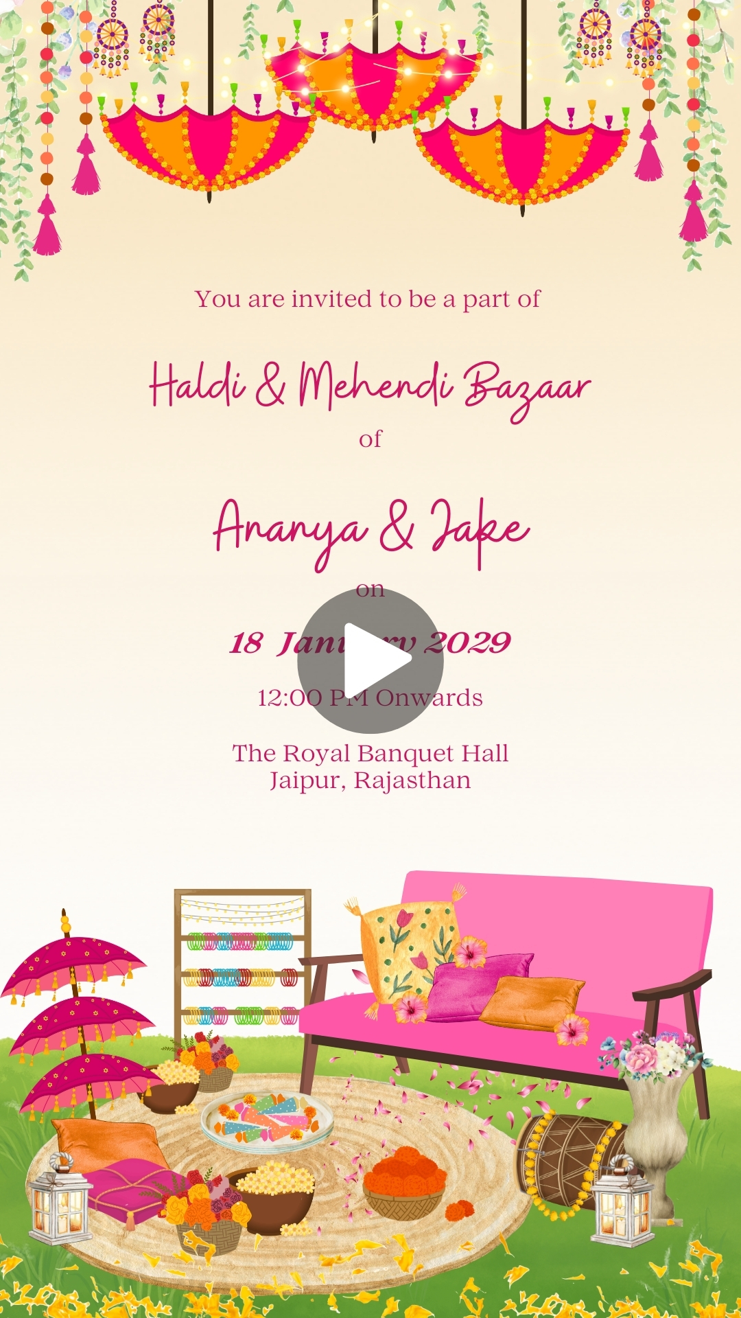 Pink and Yellow Illustrated Haldi & Mehendi Wedding Invitation Mobile Video