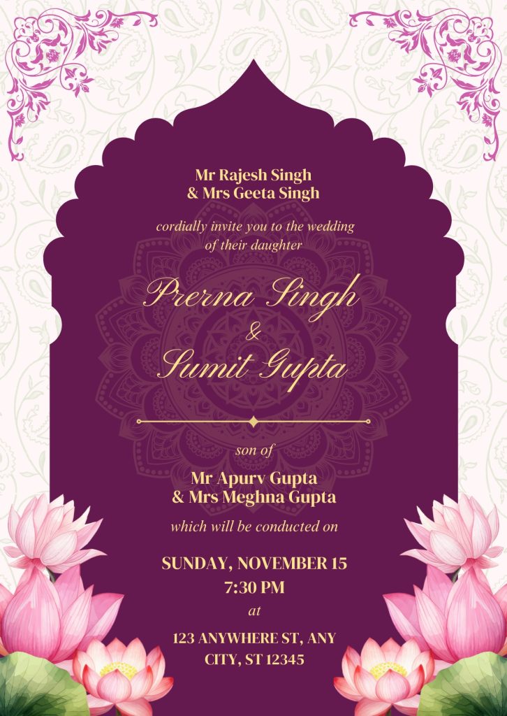 Purple and Golden Wedding Invitation Cards