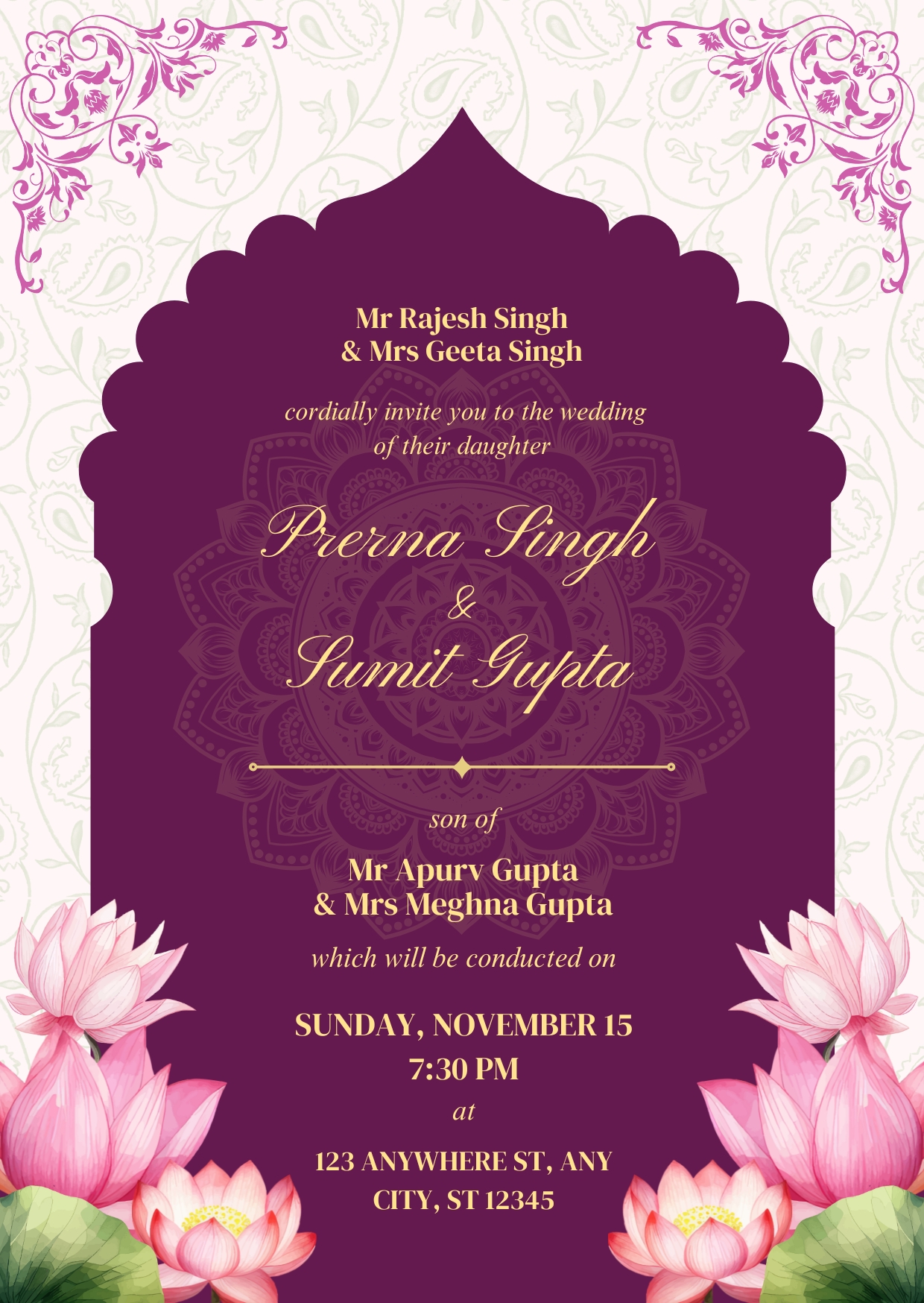 Purple and Golden Wedding Invitation Cards