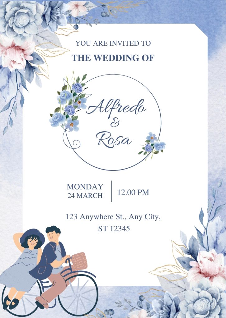 Soft Blue and White Floral Illustrative Wedding Invitation Cards