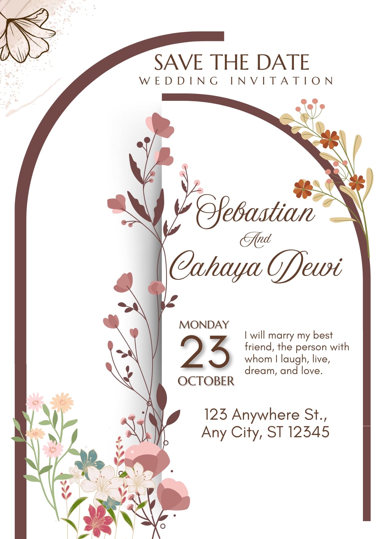 White And Brown Floral Aesthetic Wedding Invitation Cards Design