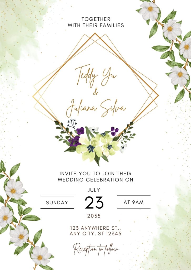 White Green Floral Watercolor Wedding Invitation Cards Design