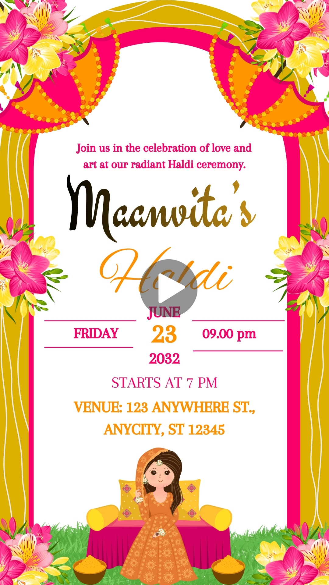 White and Yellow Floral Indian Wedding Haldi Invitation Video Free Editing Online Today