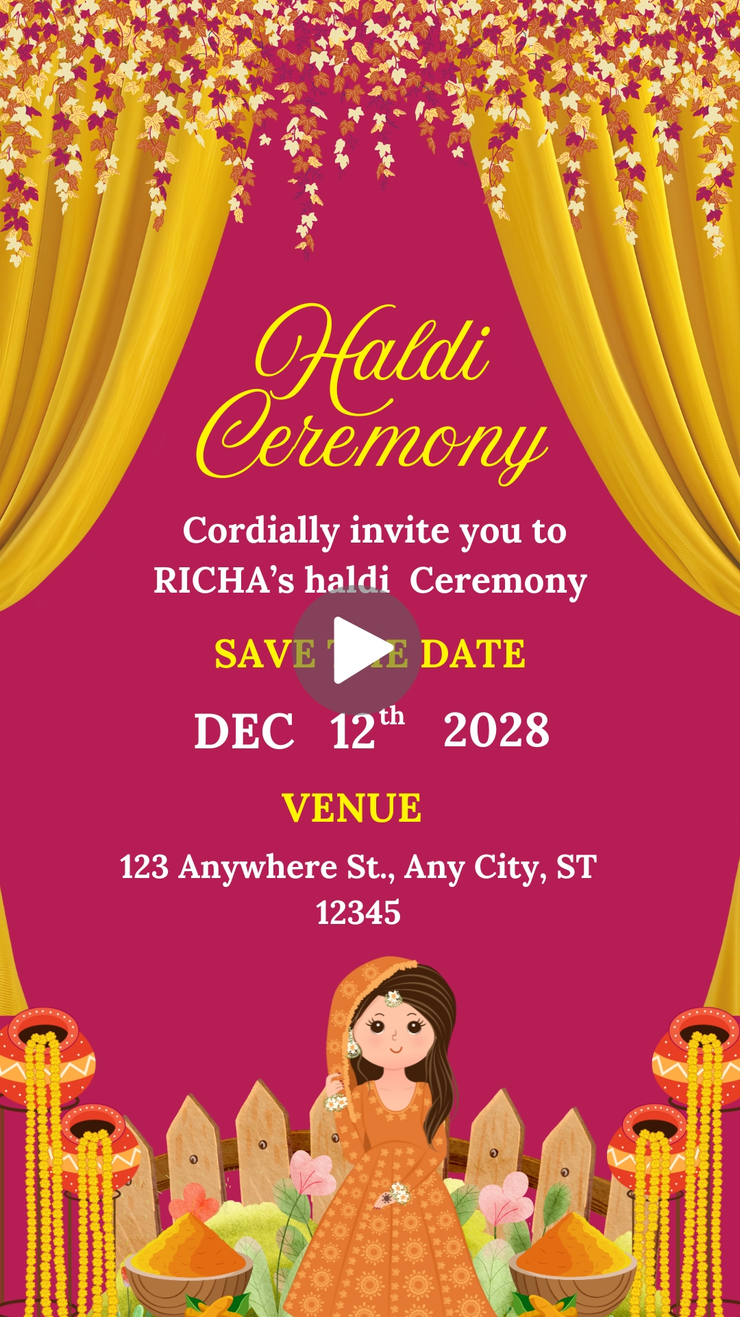 Yellow Traditional Indian Wedding Haldi Ceremony Invitation Mobile Video HD