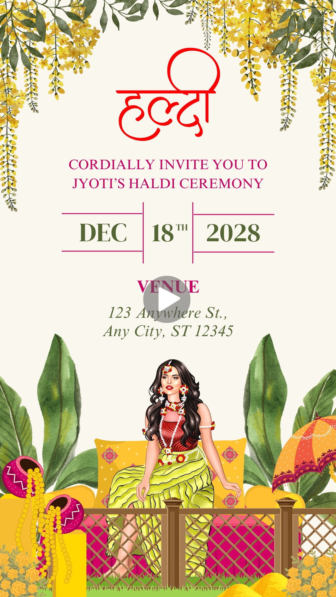 Yellow Traditional Indian Wedding Haldi Ceremony Invitation Video HD Hindi