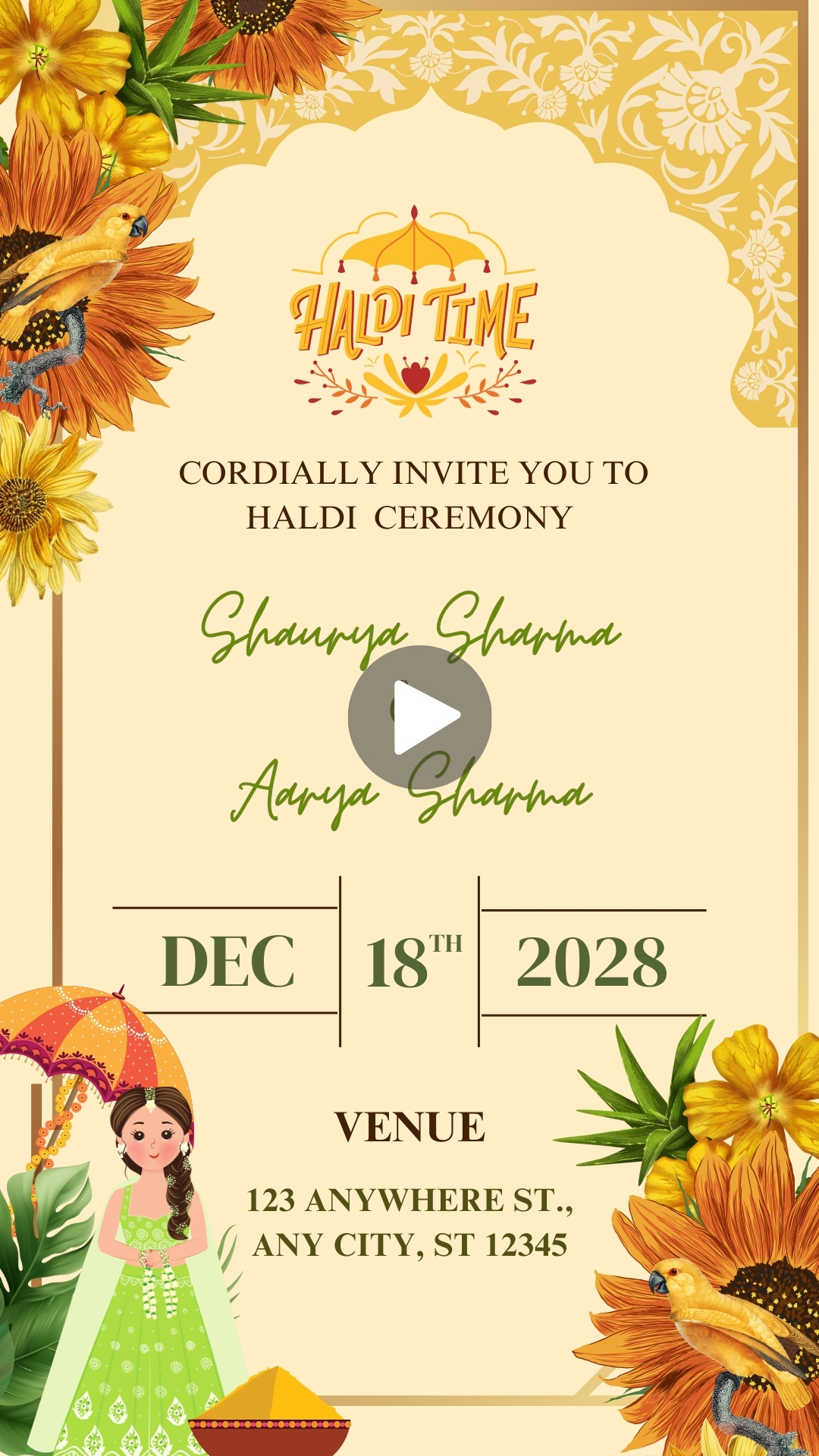 Yellow and Cream Floral Indian Wedding Haldi Invitation Video HD