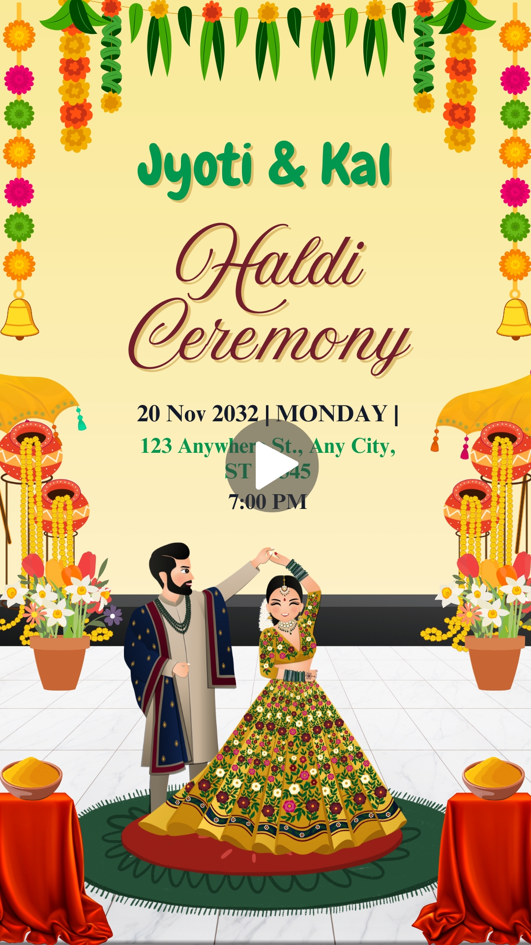 Yellow and Green Decorative Indian Wedding Haldi Invitation Video HD