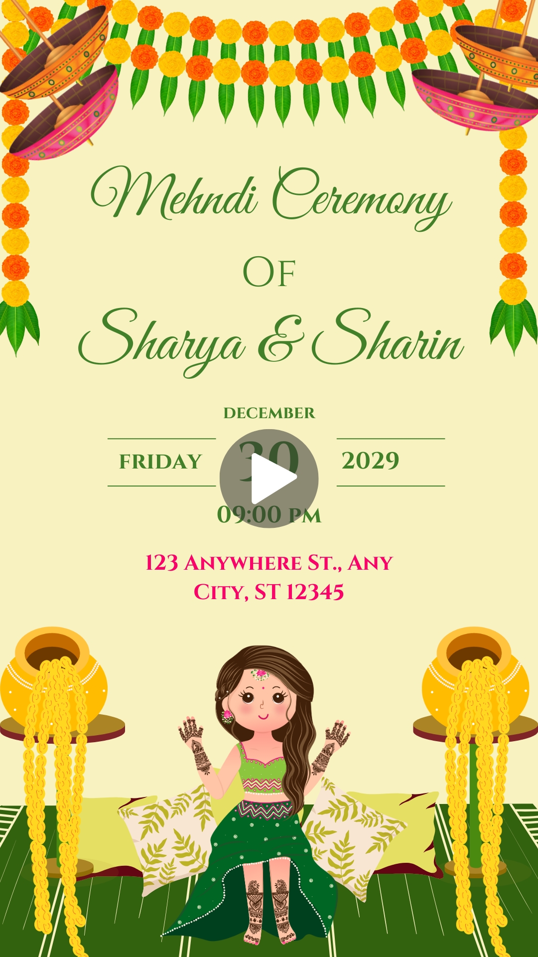 Yellow and Green Traditional Indian Wedding Mehndi Ceremony Invitation Mobile Video