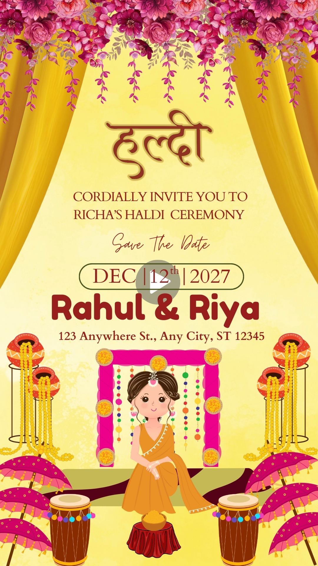 Yellow and Pink Floral Indian Wedding Invitation Video in Hindi
